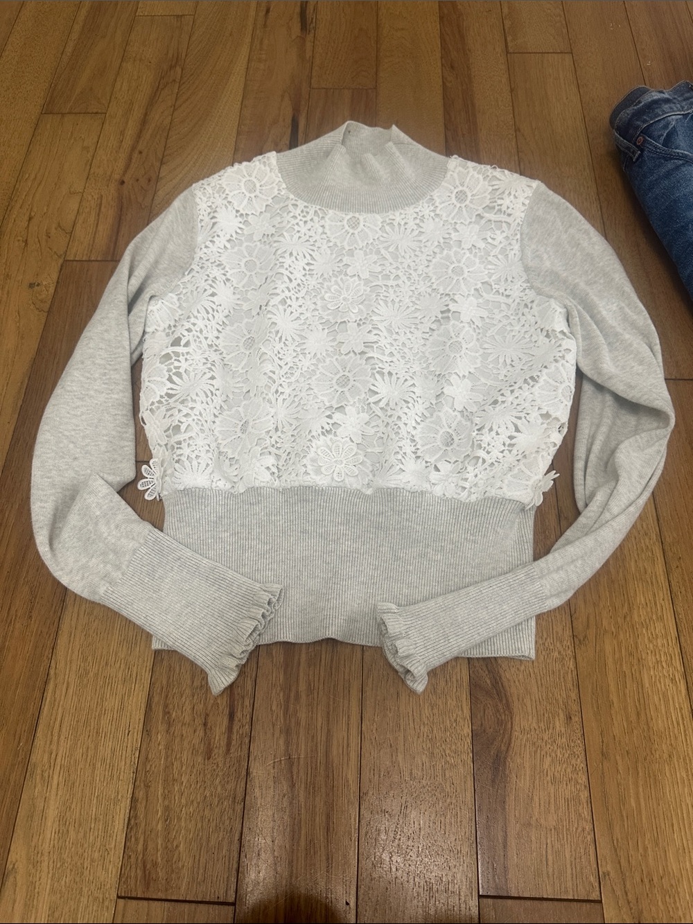 French Connection Gray Mock Neck Sweater with White Lace Front